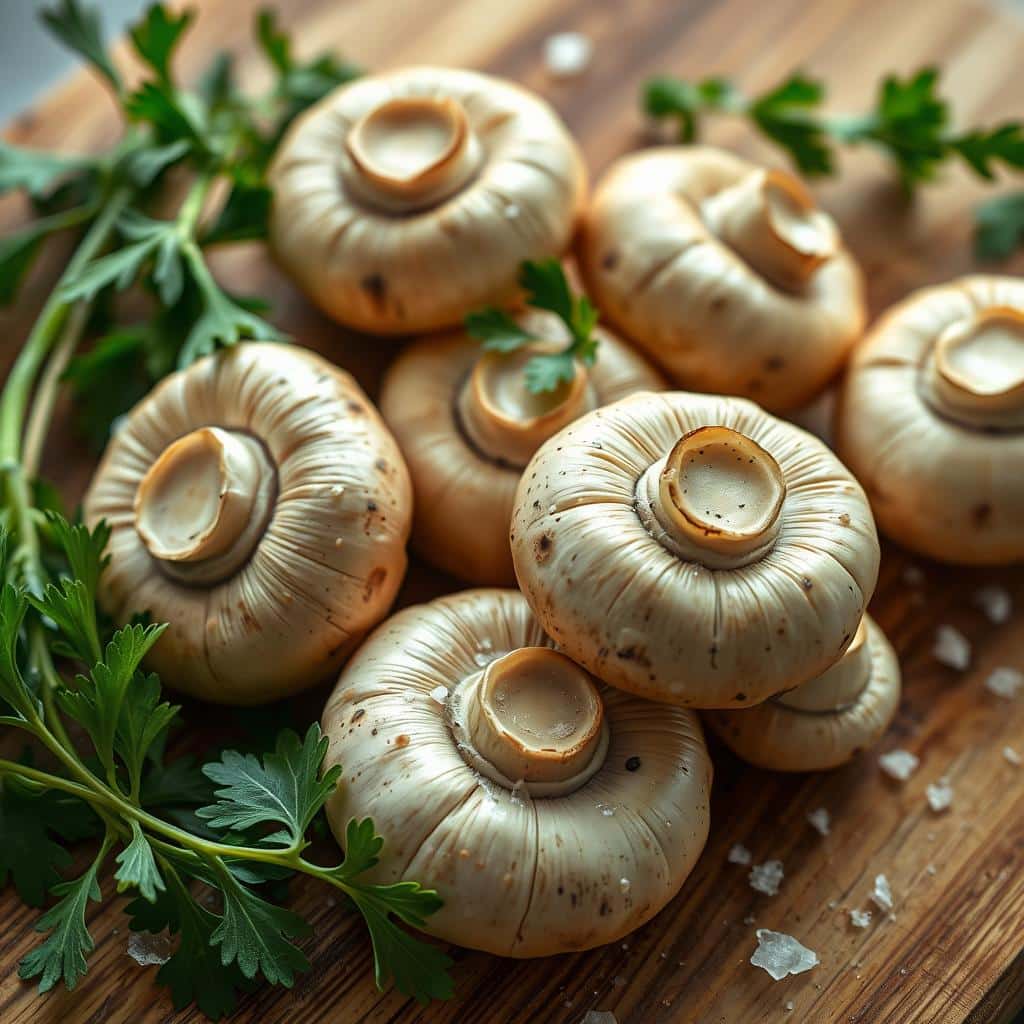 Button mushrooms arranged on a cutting board