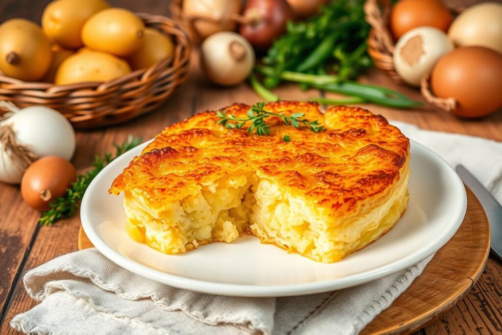 Potato kugel batter made with eggs, spices, and grated potatoes.