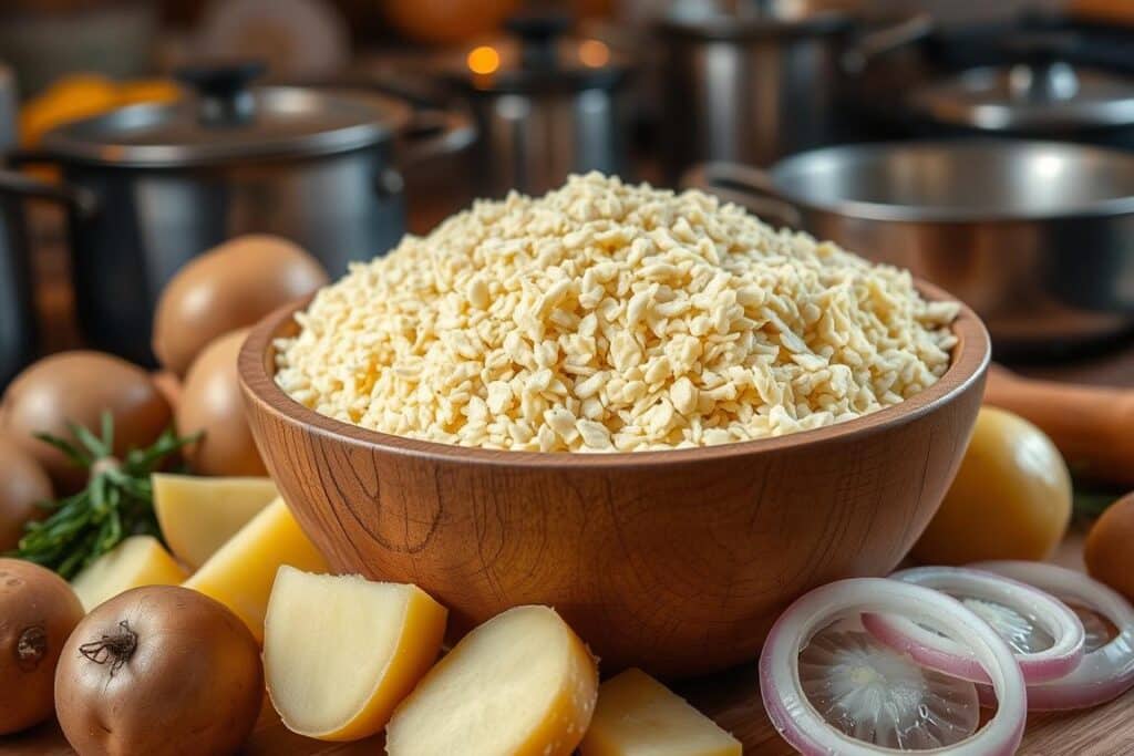 Potato kugel, a classic Passover dish made with kosher ingredients.