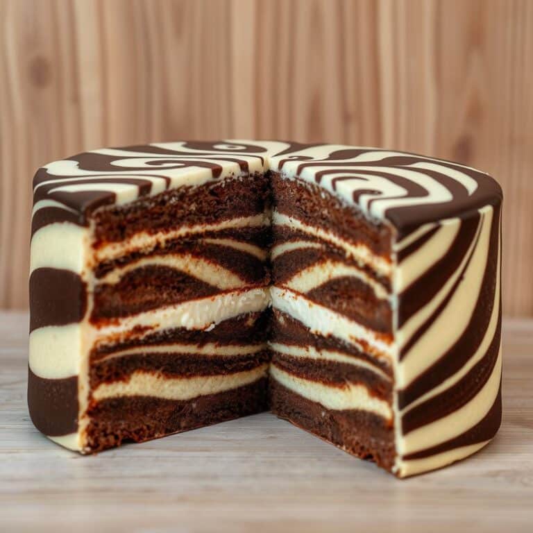 Zebra Cakes Recipe – A whole homemade zebra cake with chocolate glaze and striped pattern.