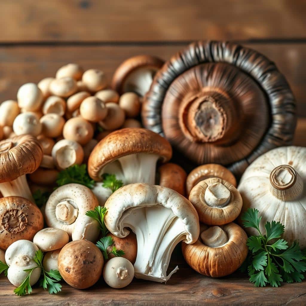 Button mushrooms on a wooden surface with herbs edible fungi mushroom farming mushroom industry