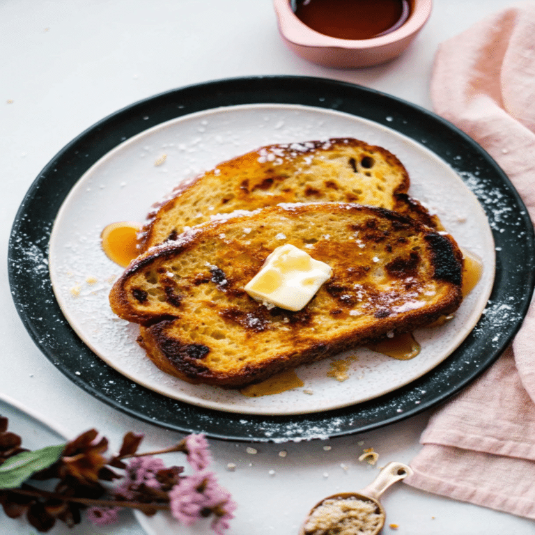 Golden-brown French toast topped with syrup and berries