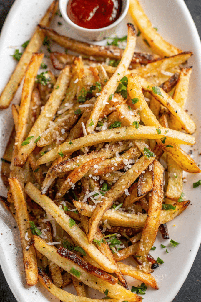 Crispy truffle fries served with a side of dipping sauce garlic aioli