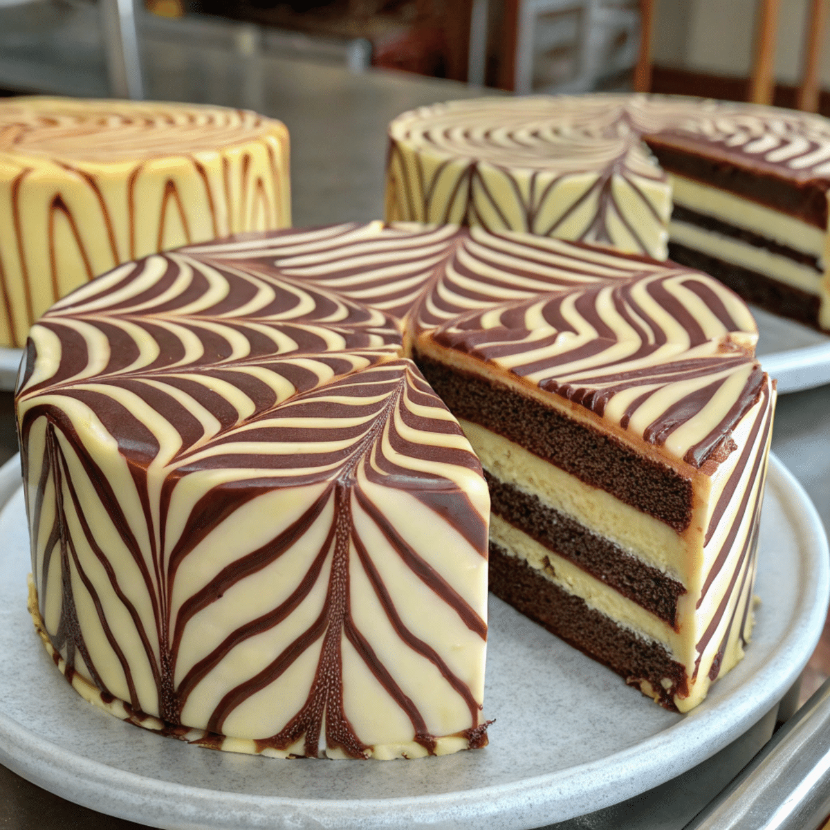 Zebra Cakes Recipe – A slice of zebra cake with creamy filling and chocolate glaze.