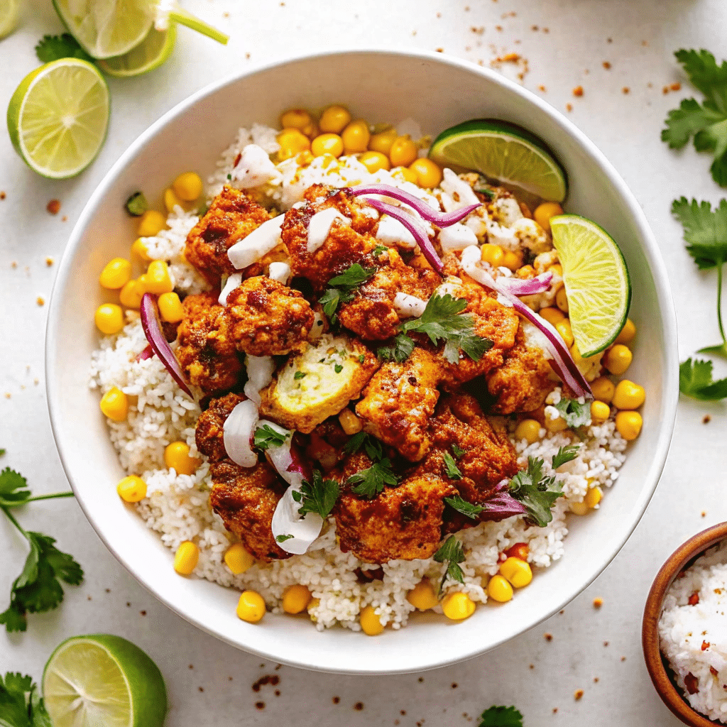 A vibrant street corn chicken rice bowl topped with cilantro, lime zest, and creamy sauce.