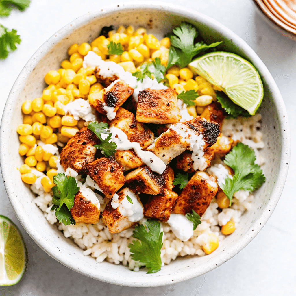 Grilled chicken and street corn served on seasoned rice with lime and fresh herbs.