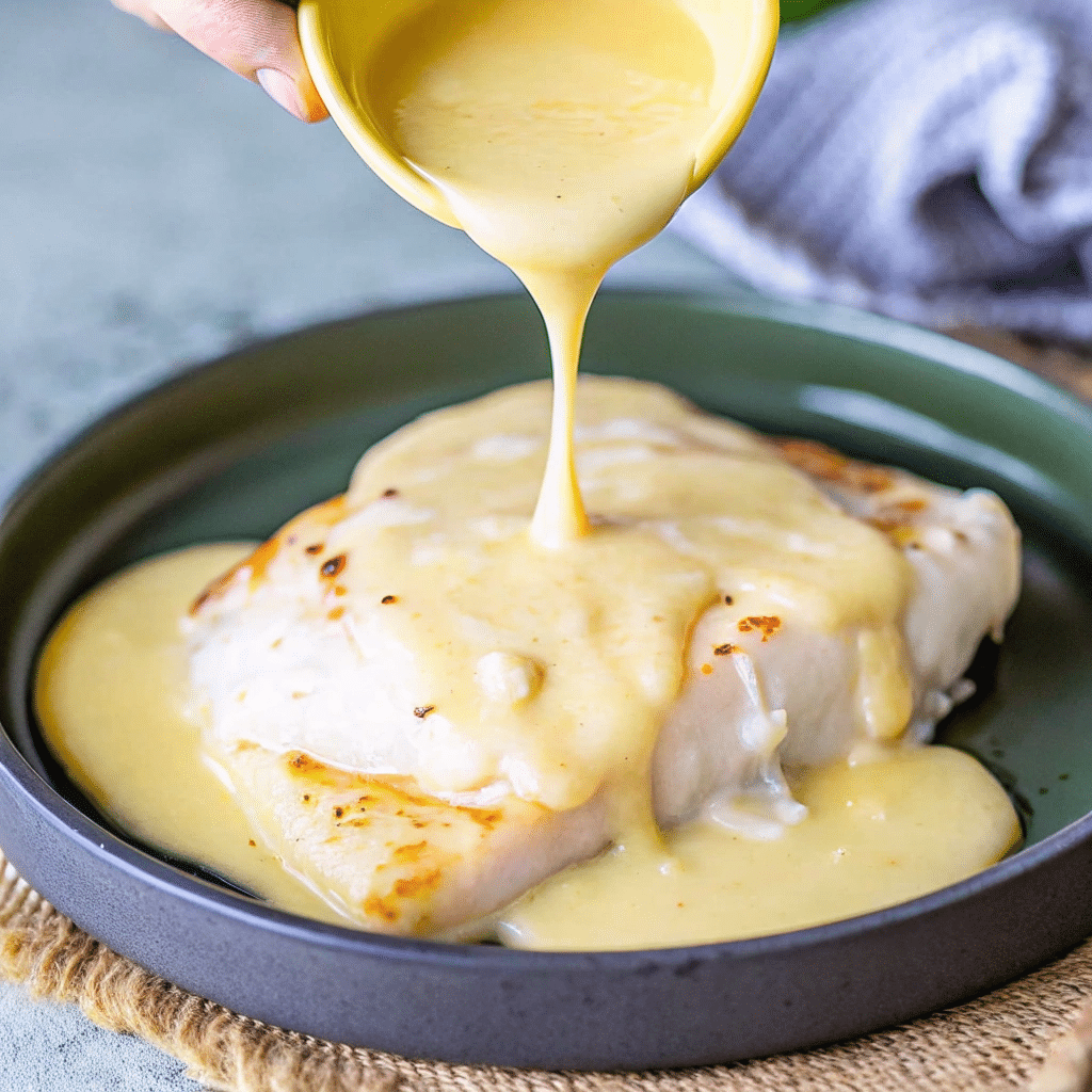 Creamy Lemon Butter Sauce in a saucepan with fresh herbs, perfect for drizzling over seafood, pasta, or vegetables.