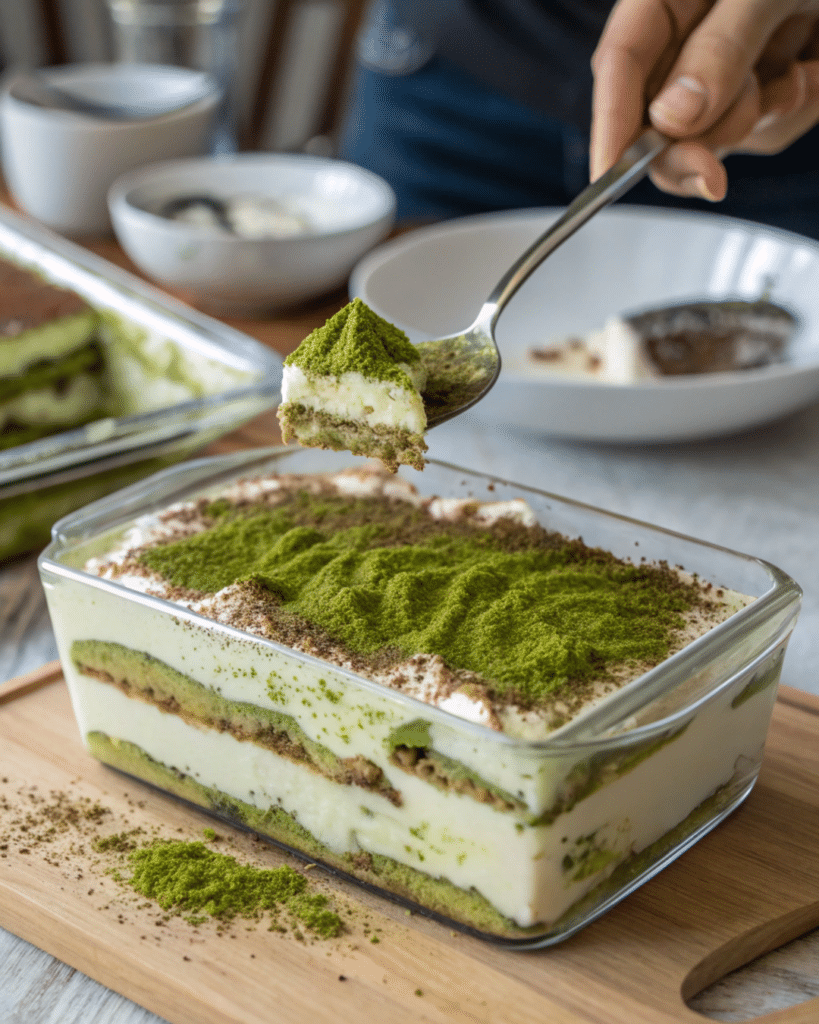 Matcha tiramisu with layers of green tea and mascarpone cream