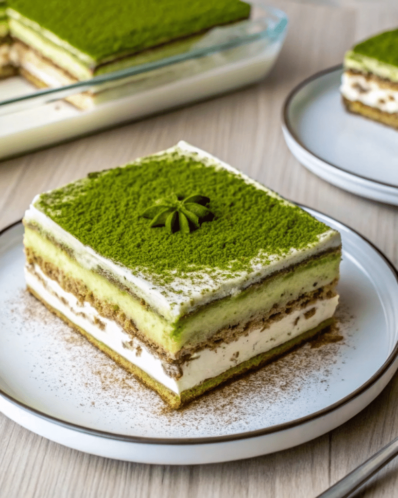 Layered Matcha tiramisu with green tea and mascarpone, dusted with matcha powder