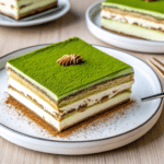 Matcha tiramisu layered with green tea and creamy mascarpone