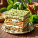 Matcha tiramisu recipe with layers of mascarpone and green tea-soaked ladyfingers