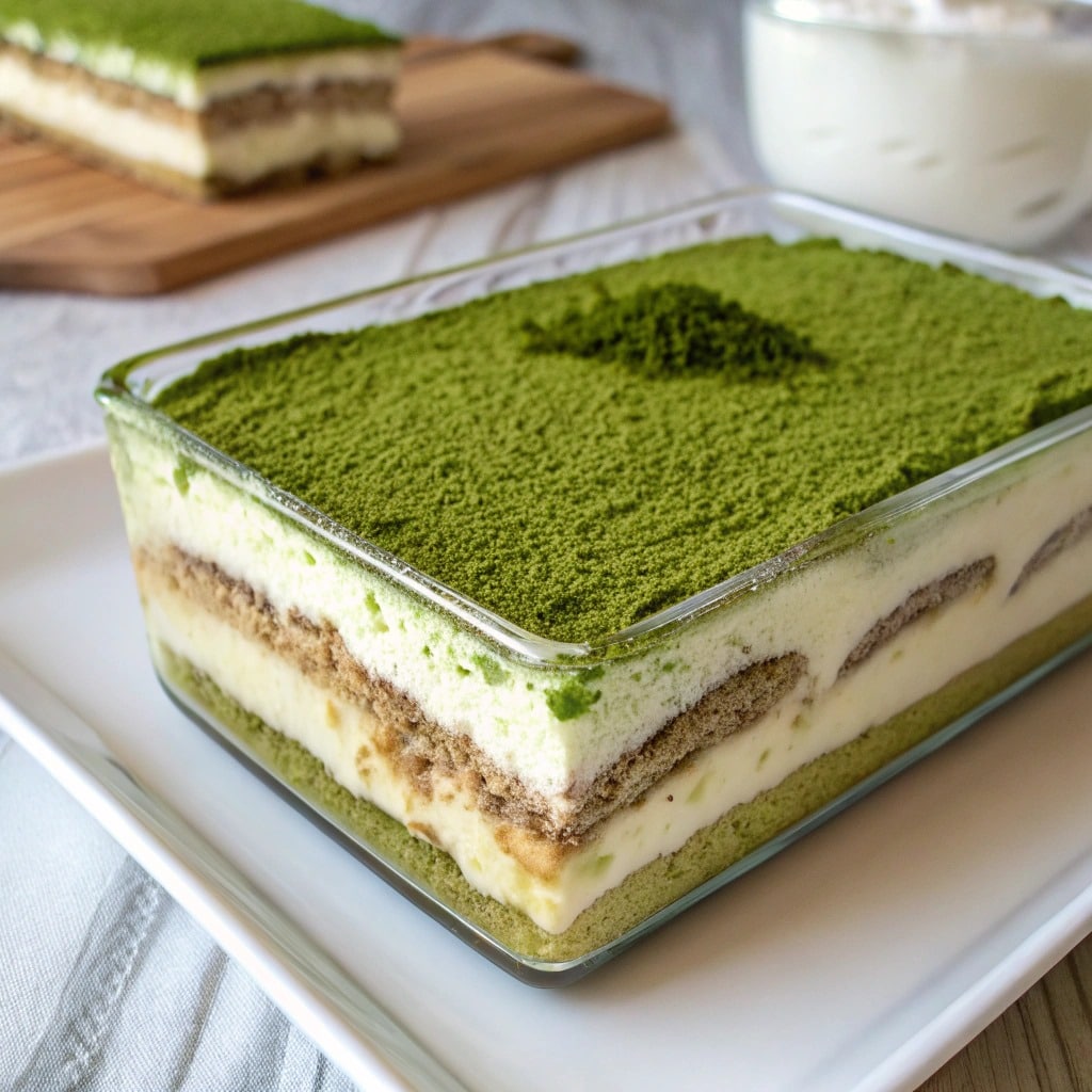 Matcha tiramisu with a dusting of matcha powder on top