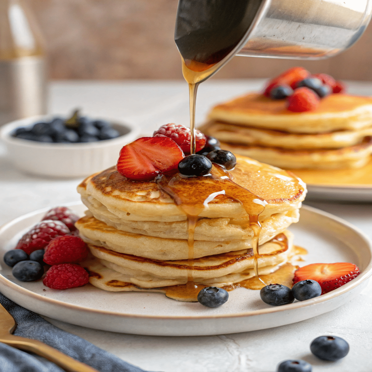 Sourdough discard pancakes served with syrup and butter