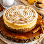 Cinnamon Roll Honeybun Cheesecake with cinnamon swirls and vanilla glaze.