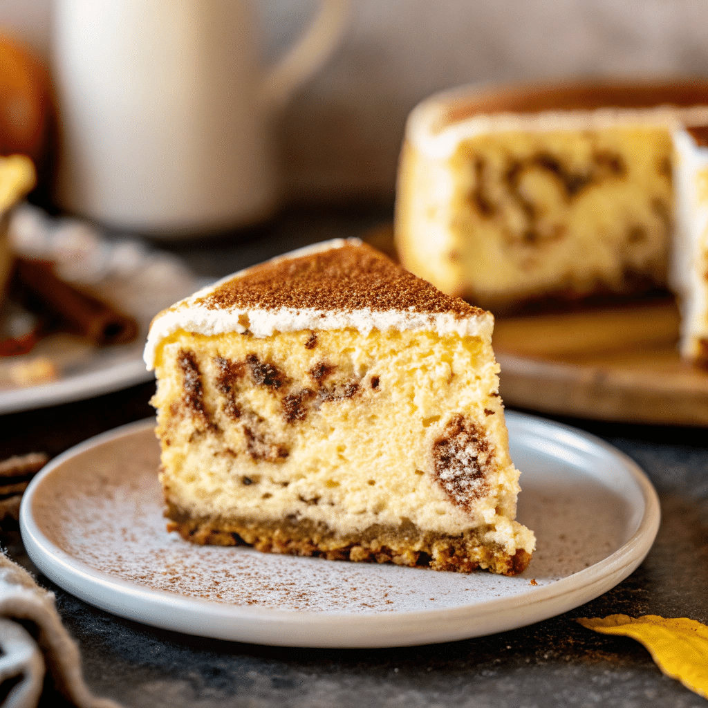 Swirled cinnamon honeybun cheesecake topped with vanilla glaze.