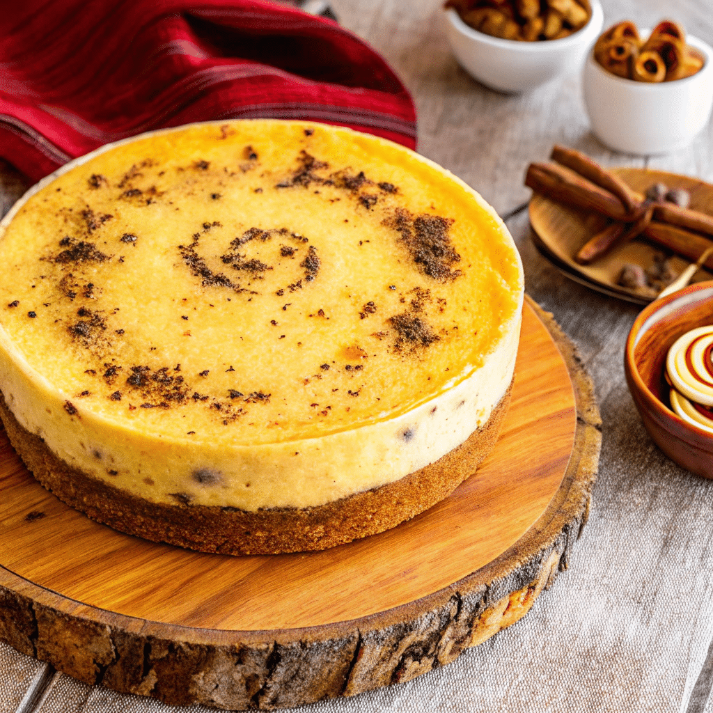 Rich and creamy cinnamon roll cheesecake with a sweet glaze.