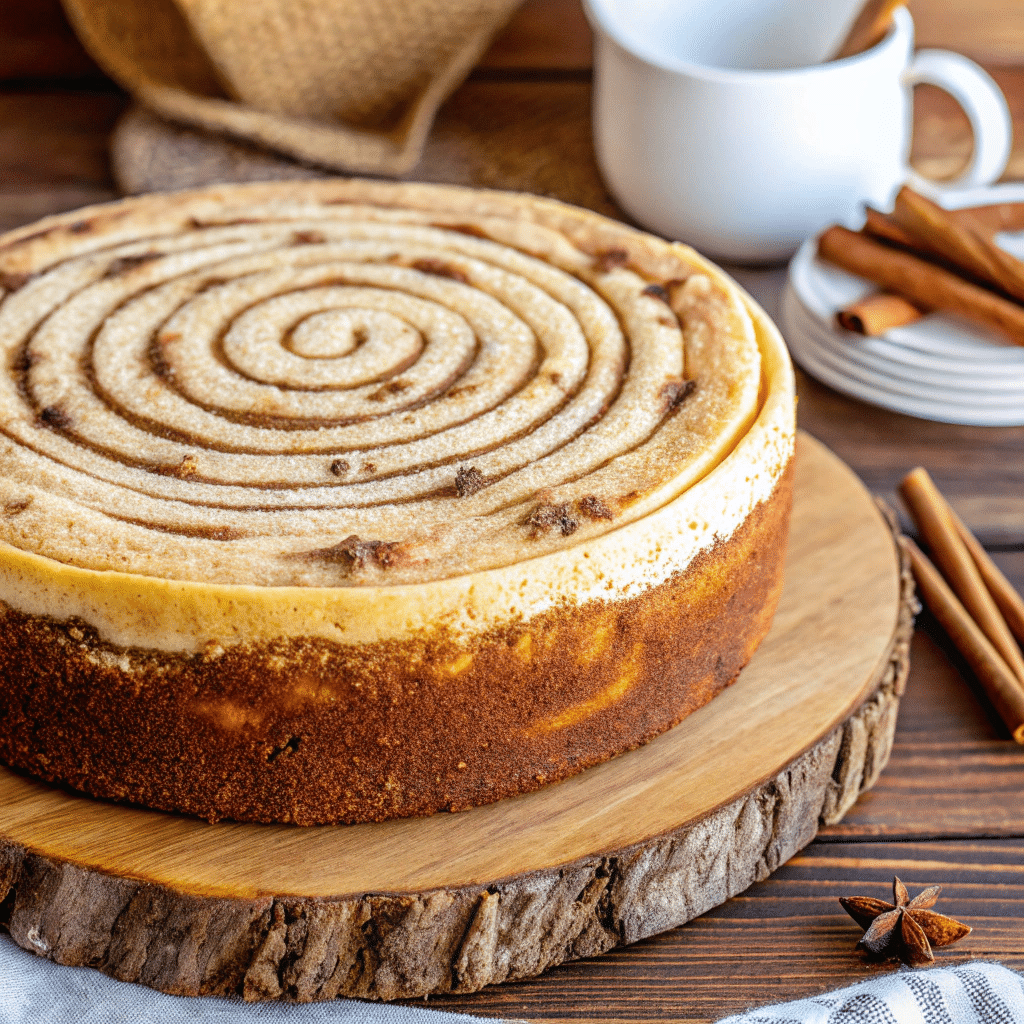 Soft, spiced honeybun cheesecake with layers of cinnamon and frosting.