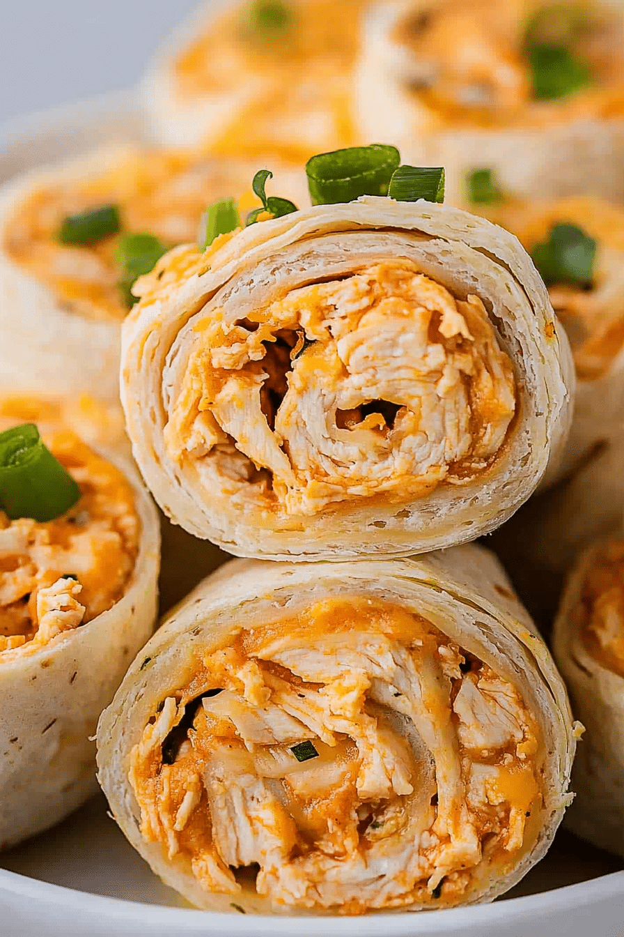 A close-up image of Buffalo Chicken Pinwheels made with shredded chicken, buffalo sauce, cream cheese, ranch dressing, cheddar cheese, flour tortillas, green onions, and celery. These spicy, cheesy pinwheels are the perfect appetizer or snack.