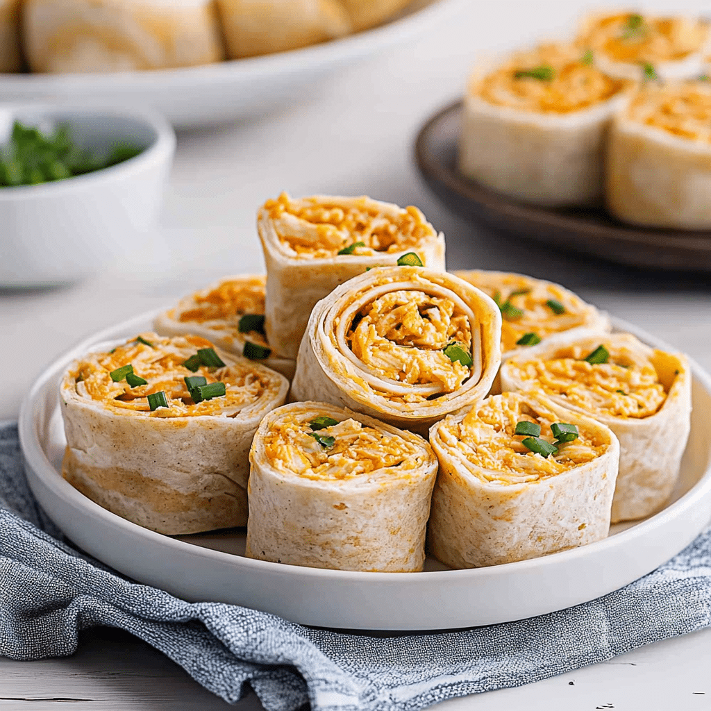 A close-up shot of Buffalo Chicken Pinwheels, featuring a filling of tender shredded chicken, spicy buffalo sauce, cream cheese, ranch dressing, and shredded cheddar cheese, all wrapped in soft flour tortillas. The pinwheels are garnished with fresh green onions and celery for added flavor and crunch, making them an irresistible appetizer or snack.