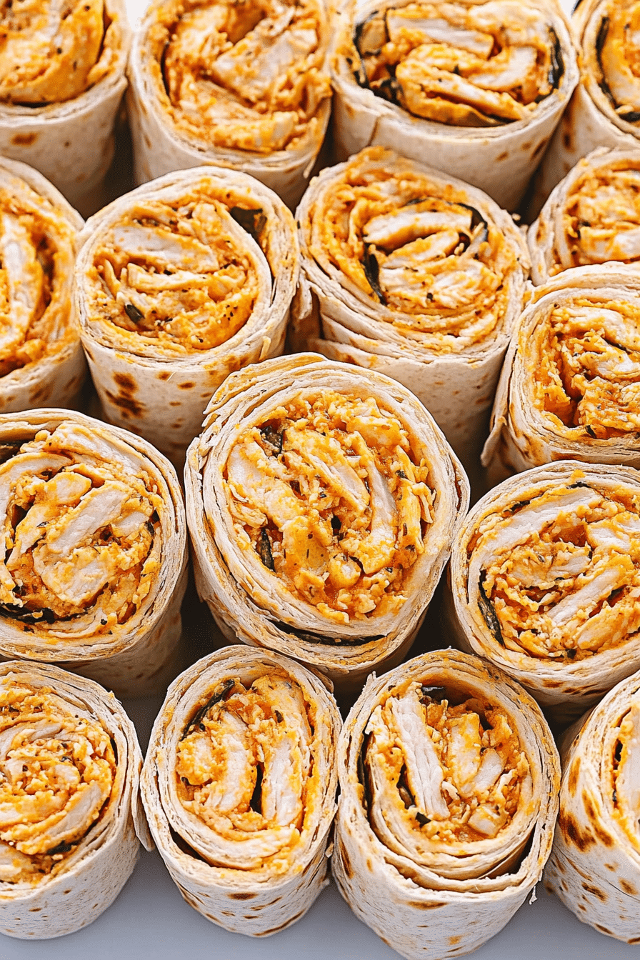 A close-up image of Buffalo Chicken Pinwheels, with soft flour tortillas rolled tightly around a spicy filling of shredded chicken, creamy ranch dressing, spicy buffalo sauce, and melted cheddar cheese. The pinwheels are topped with fresh green onions and celery, offering a perfect bite of heat and crunch, making them an irresistible snack or appetizer.