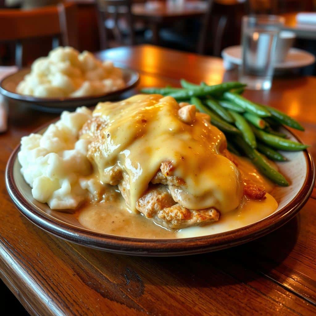 Smothered chicken at Texas Roadhouse, featuring a juicy chicken breast topped with melted cheese, crispy bacon, and sautéed onions, served with mashed potatoes.