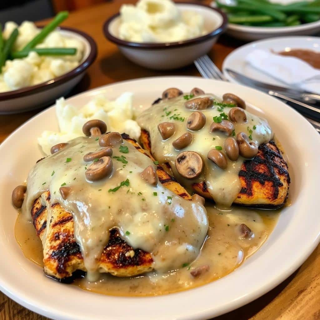 A delicious plate of Smothered Chicken at Texas Roadhouse with a juicy chicken breast, melted cheese, crispy bacon, and sautéed onions, served with creamy mashed potatoes.