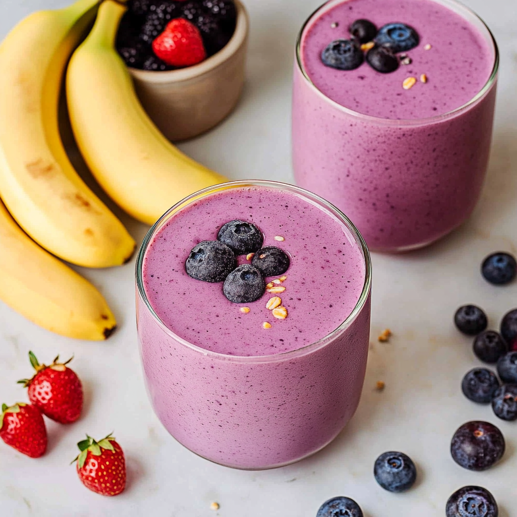 Close-up of a creamy Banana Berry Protein Smoothie served in a tall glass with a swirl of yogurt and fresh fruit toppings.