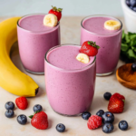 A refreshing Banana Berry Protein Smoothie in a glass, topped with fresh berries and banana slices.