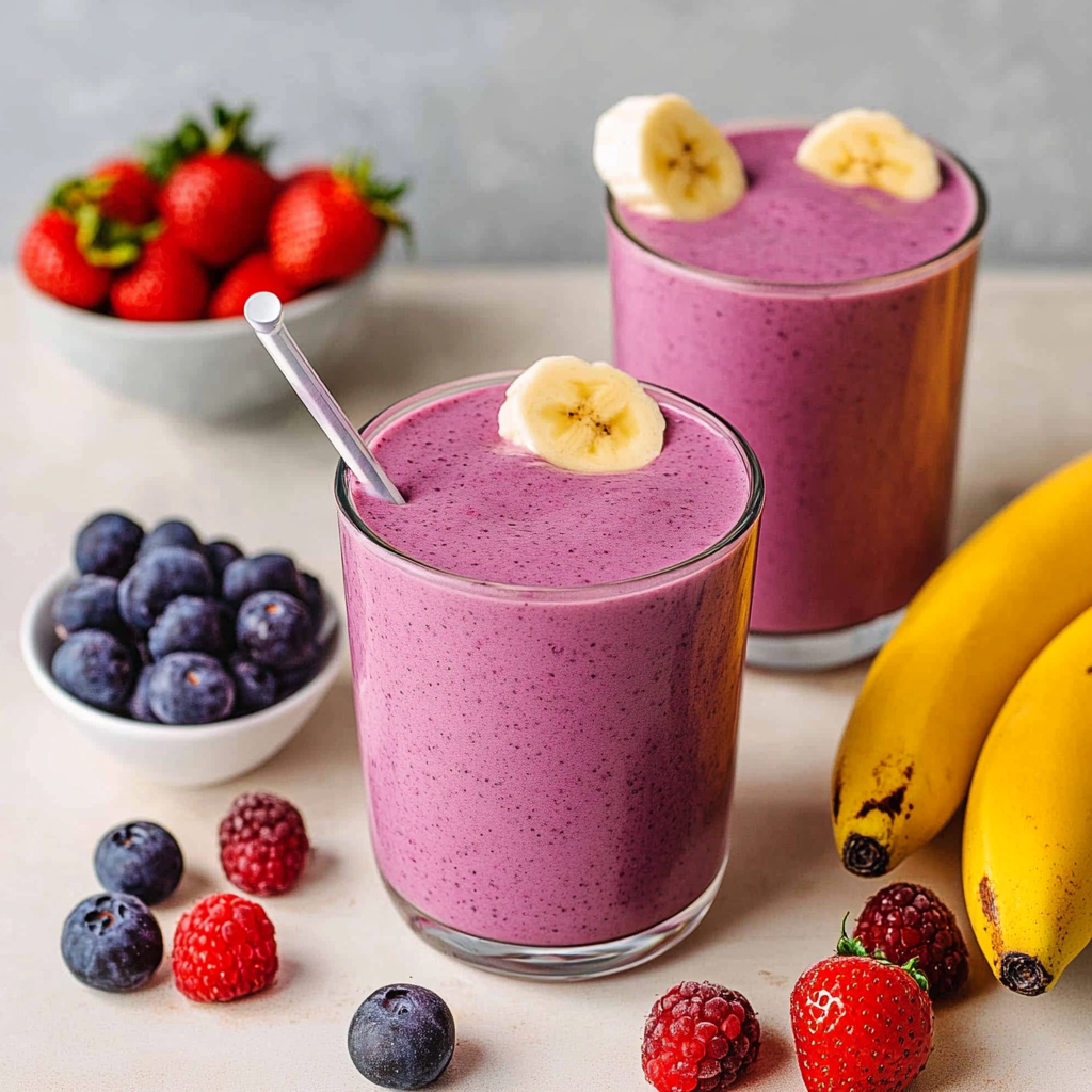 A vibrant Banana Berry Protein Smoothie with a rich purple color, garnished with fresh berries and a slice of banana.