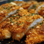 Crispy Parmesan Chicken with a golden-brown crust, garnished with fresh parsley, and served with a side of roasted vegetables.