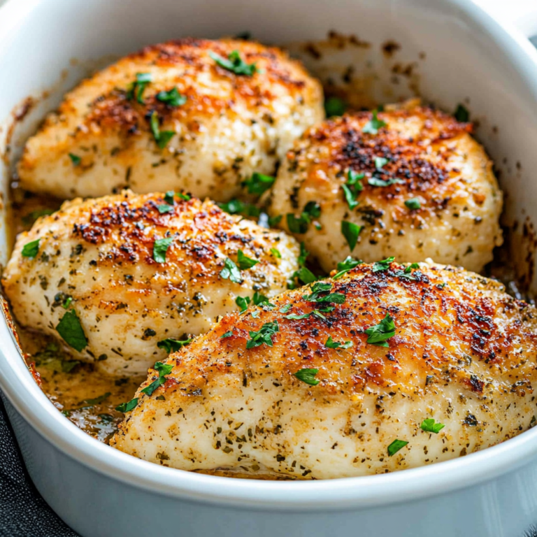 A plate of Easy Baked Ranch Chicken with a crispy, golden crust, garnished with fresh herbs, and served with a side of vegetables.