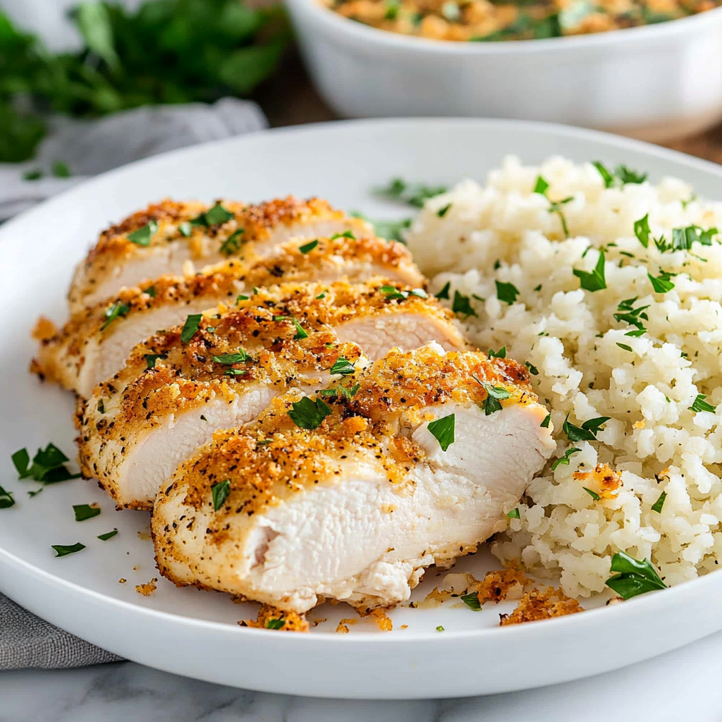 A golden-brown Easy Baked Ranch Chicken breast on a plate, garnished with fresh herbs and served with a side of roasted potatoes.