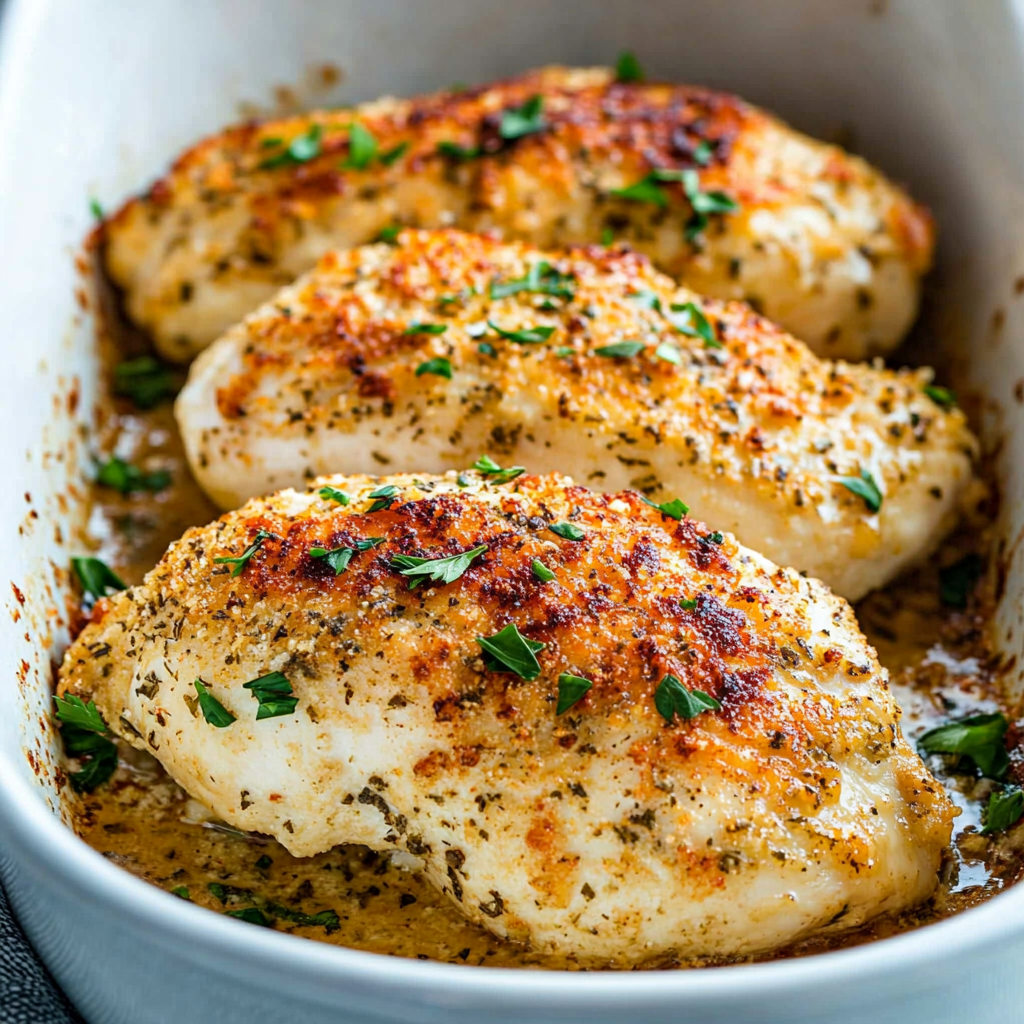 Close-up of Easy Baked Ranch Chicken on a baking sheet, showcasing the golden, crispy crust and tender chicken.