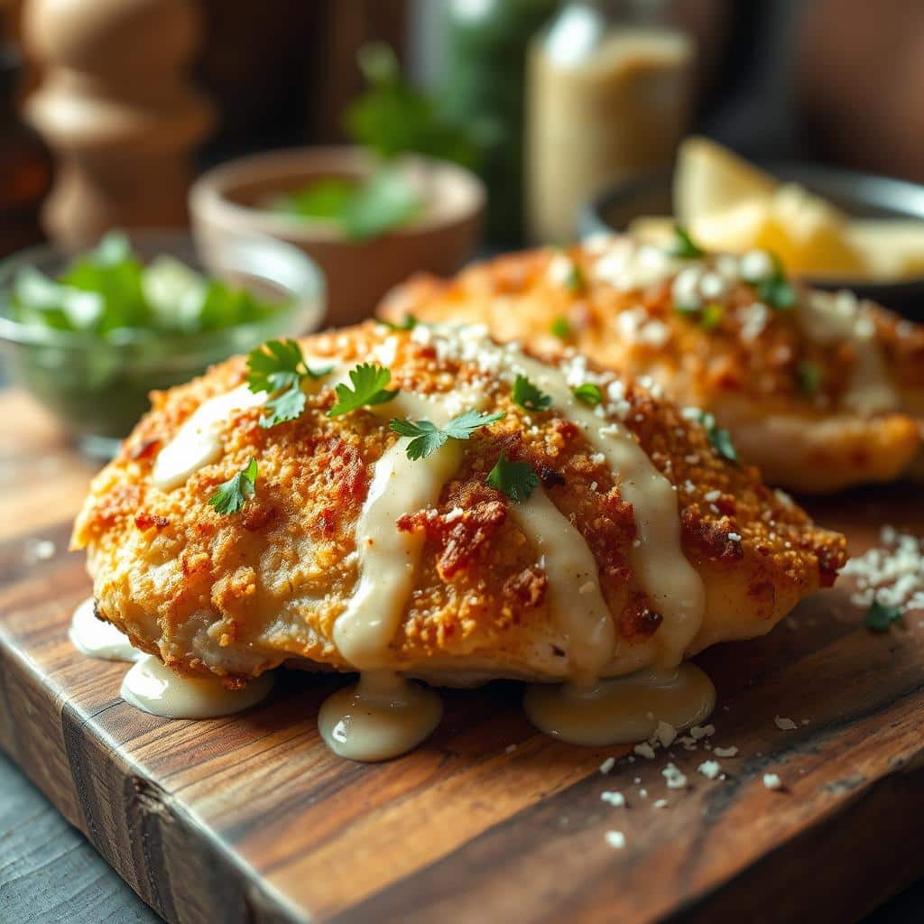 Close-up of a crispy Parmesan chicken cutlet, lightly browned, served with a side of garlic bread and dipping sauce.