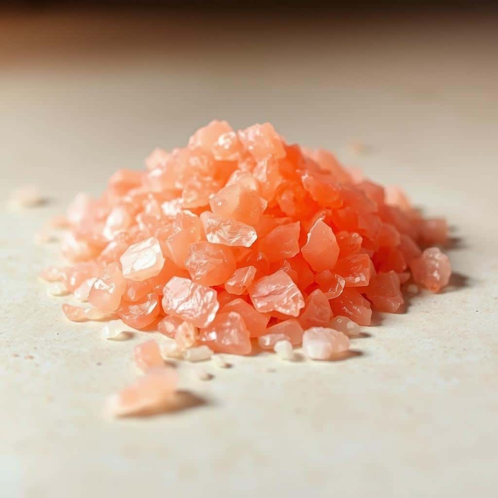 Pink salt on a wooden spoon with a healthy meal in the background, emphasizing its benefits for weight loss and detox.