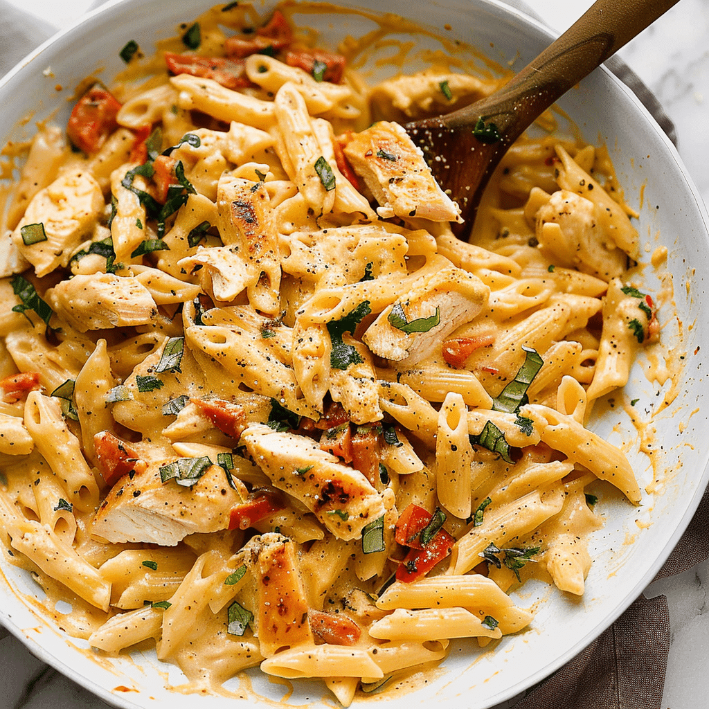 Marry Me Chicken Pasta Recipe with creamy pasta, tender chicken breast, sun-dried tomatoes, garlic, spinach, and Parmesan cheese.