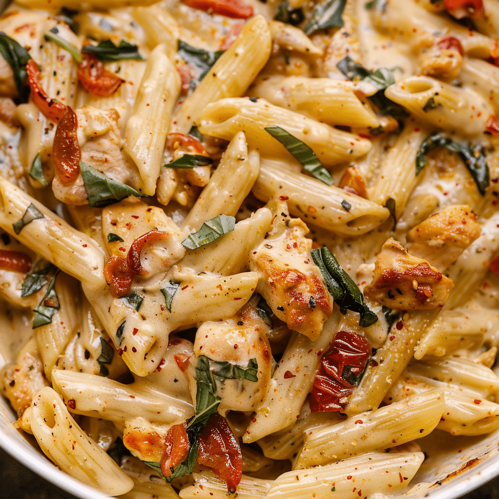 Marry Me Chicken Pasta Recipe featuring creamy pasta, tender chicken breast, sun-dried tomatoes, garlic, fresh spinach, and Parmesan cheese in a rich sauce.