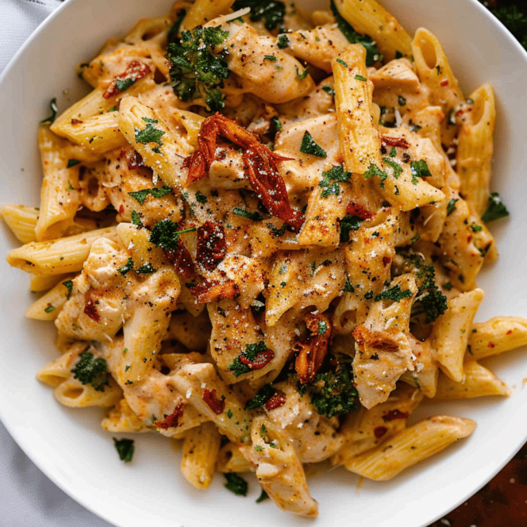 Marry Me Chicken Pasta Recipe with creamy sauce, chicken breast, sun-dried tomatoes, spinach, and Parmesan cheese.