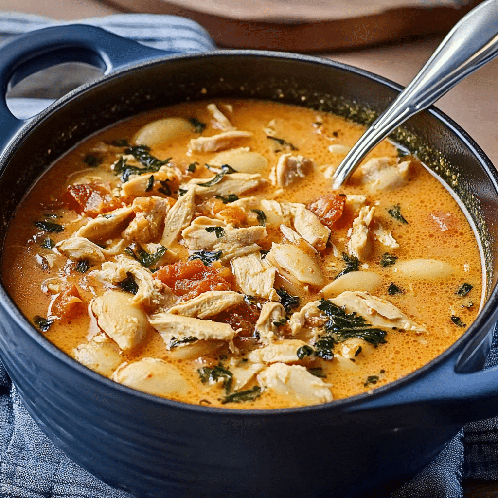 A bowl of Marry Me Chicken Soup with tender chicken, creamy broth, and fresh herbs, served with a side of crusty bread.