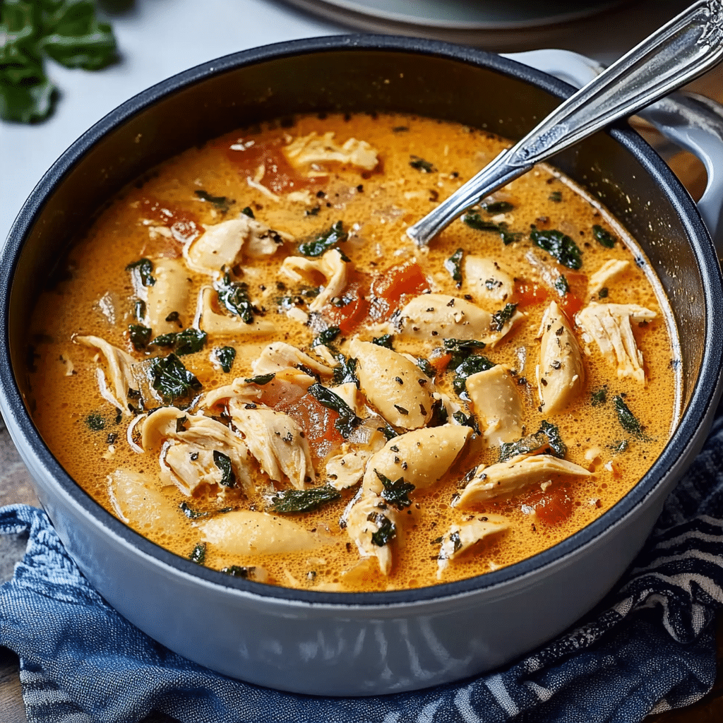 Close-up of a steaming bowl of Marry Me Chicken Soup, featuring chunks of chicken and a velvety creamy texture.